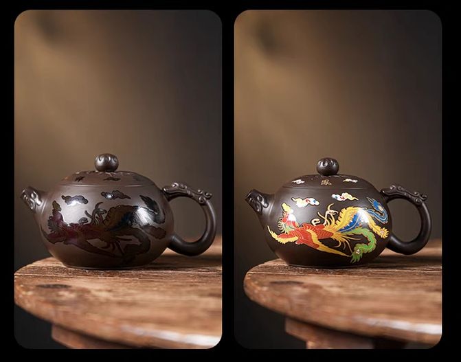 Front view of purple clay color changing dragon teapot with vibrant dragon design