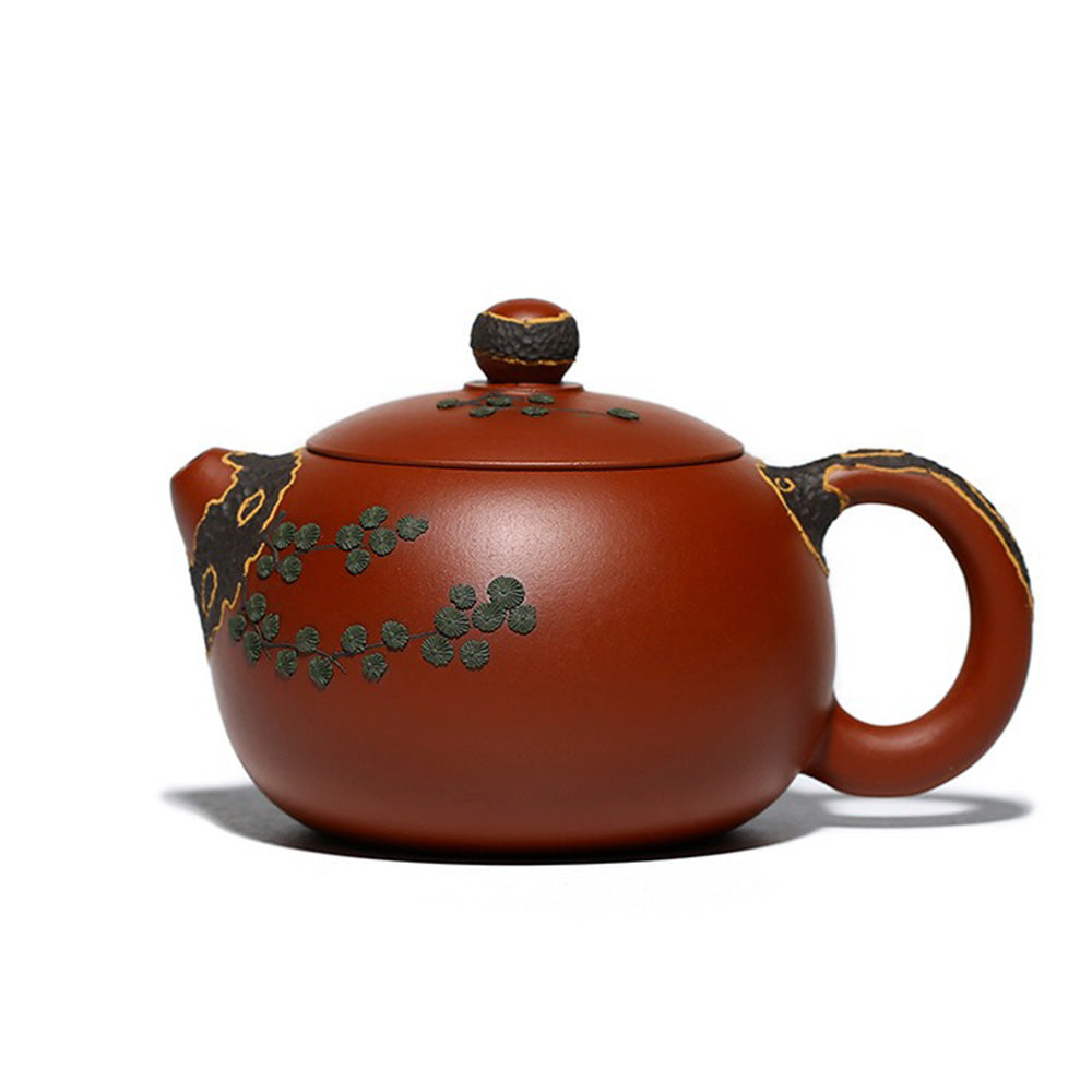 Yixing Da Hong Pao teapot from a side angle, highlighting its smooth finish and craftsmanship.