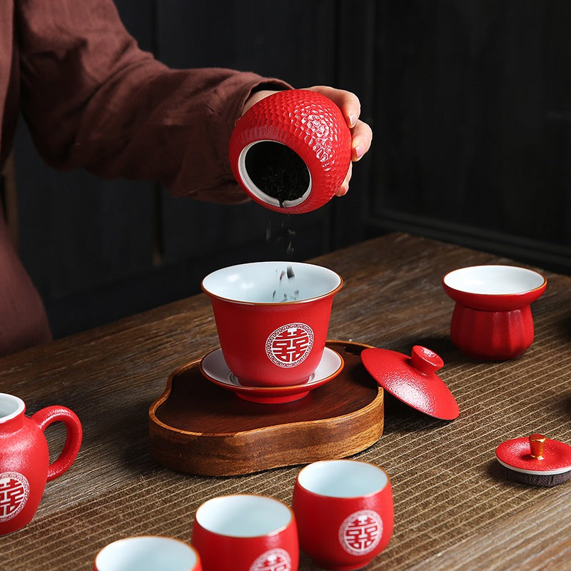 Close-up of the laser-carved Chinese characters on the Double Happiness Tea Set.