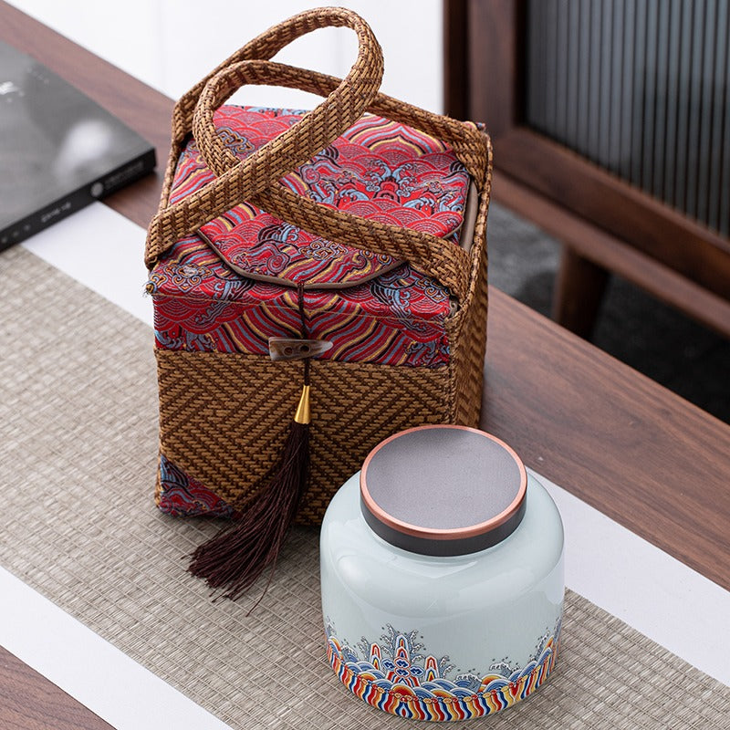 Elegant porcelain tea container with gift bag, perfect for gifting or personal use