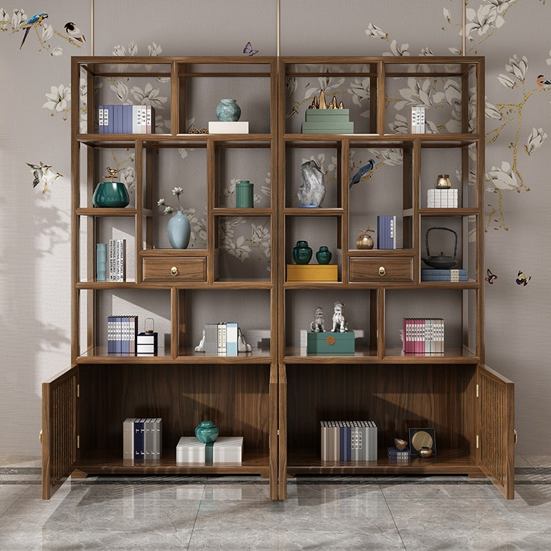 Elegant Elm Wood Curio Display Cabinet side view highlighting its sturdy design.