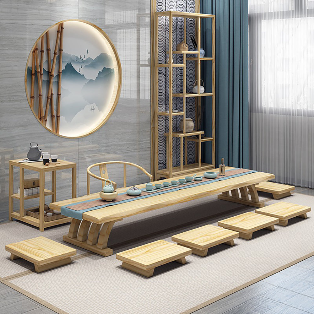 Close-up of the handmade pine wood tea table showcasing its natural grain and water-resistant finish.