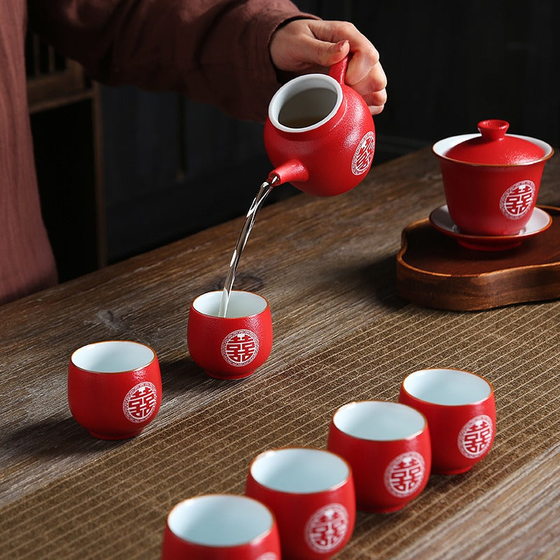 Full view of the premium ceramic wedding tea set arranged for a tea ceremony.