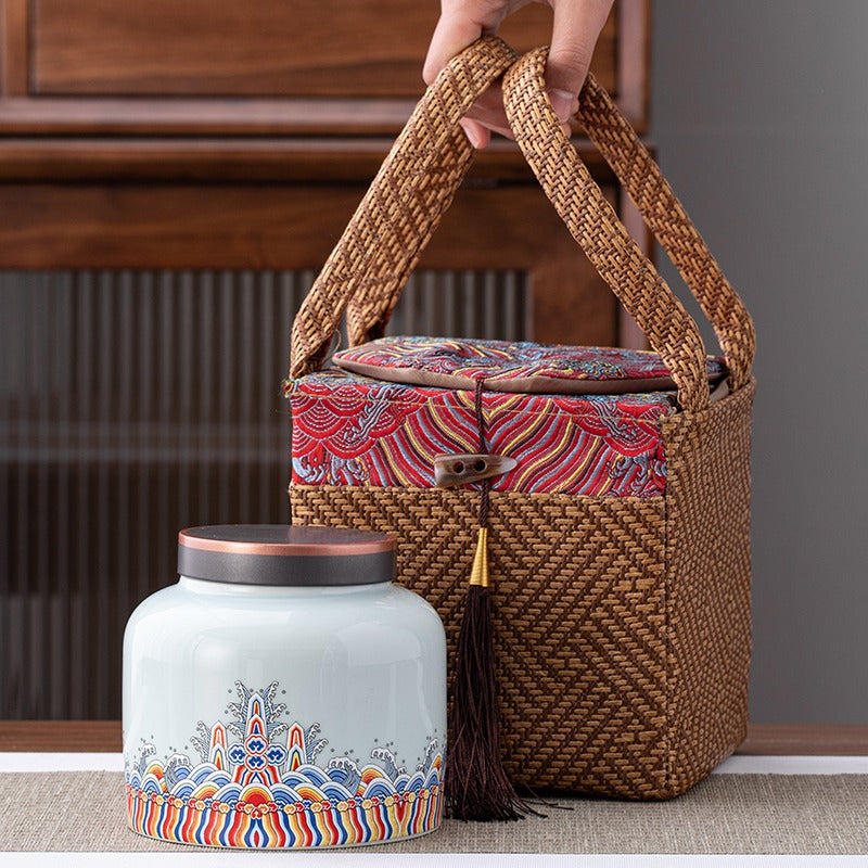 Close-up of porcelain tea caddy showing secure lid and capacity for tea leaves