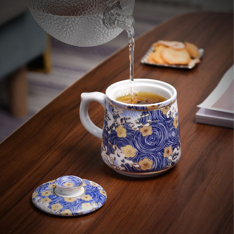 Infuser inside the Elegant Chinese Sea Wave Tea Cup, perfect for steeping loose-leaf tea.