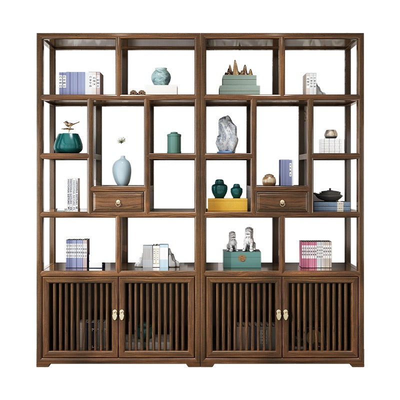 Elegant Elm Wood Curio Display Cabinet in a cozy living room setting, displaying collectibles.