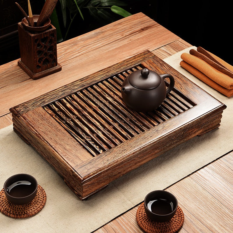 Close-up of Panga-Panga wood gongfu tea tray showing drainage pipe and craftsmanship