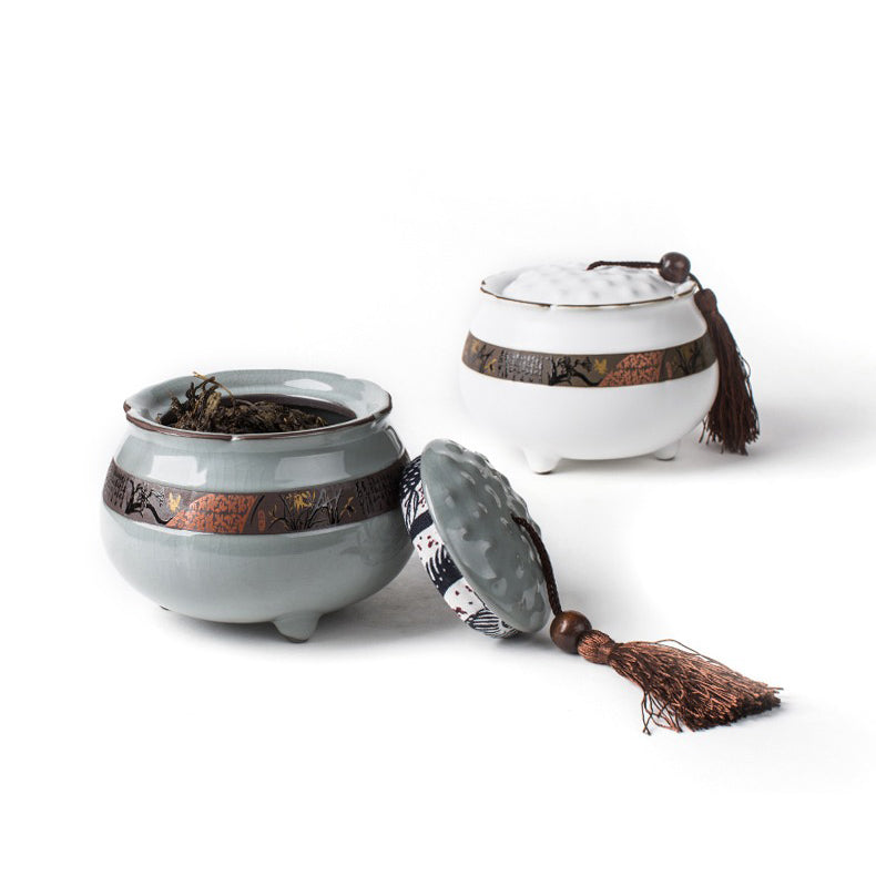 Side profile of high quality tea storage container made of Ge kiln ceramic, 220g capacity