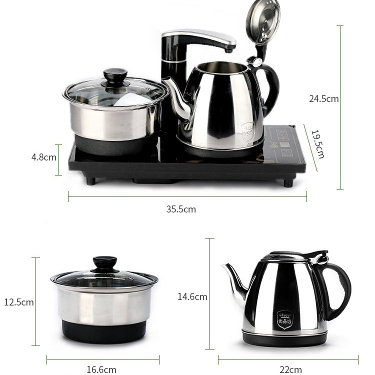 Stainless steel teapot and induction cooker set on a modern kitchen countertop.