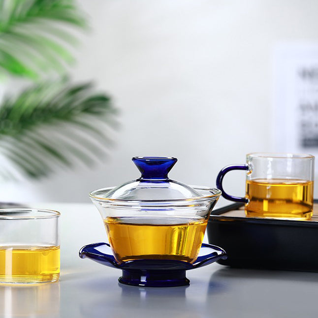 Heat-resistant glass gaiwan with tea leaves inside, showcasing clarity and elegance