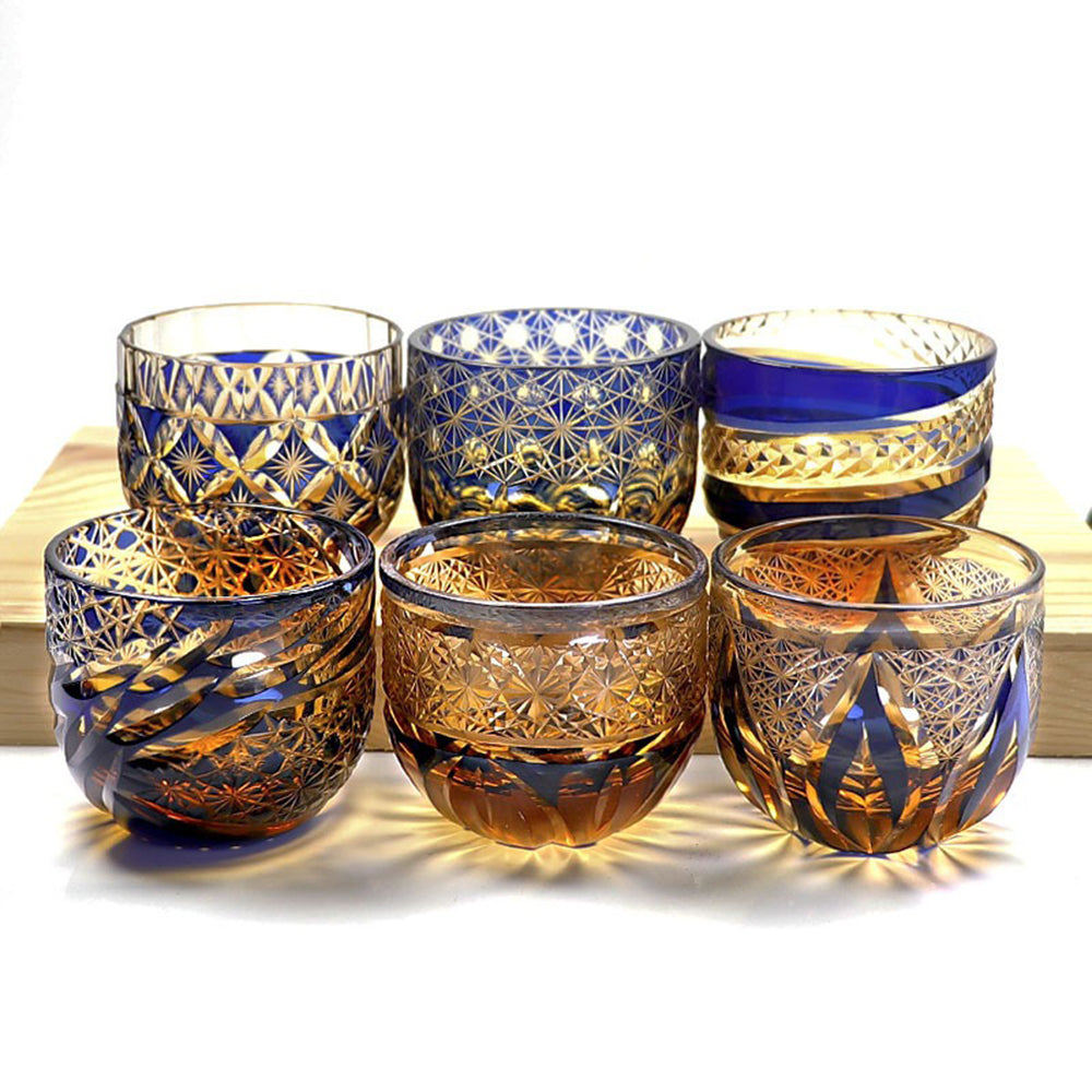 Edo Kiriko amber blue chrysanthemum whiskey glass with geometric patterns and vibrant colors