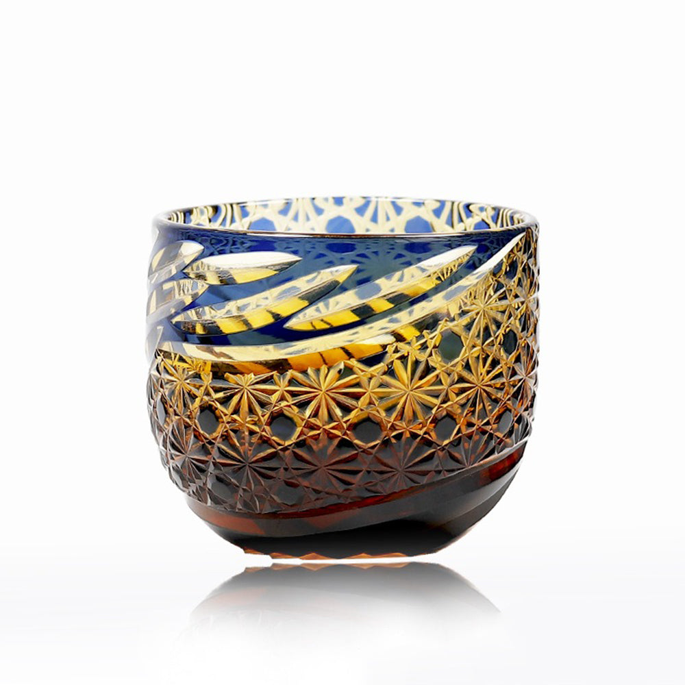 Edo Kiriko amber blue chrysanthemum whiskey glass with geometric patterns and vibrant colors