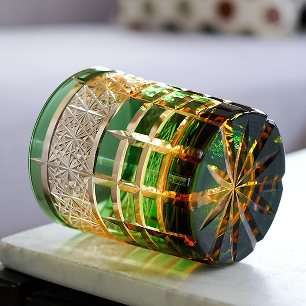 Elegant presentation of the Edo Kiriko glass in a stylish wooden box.