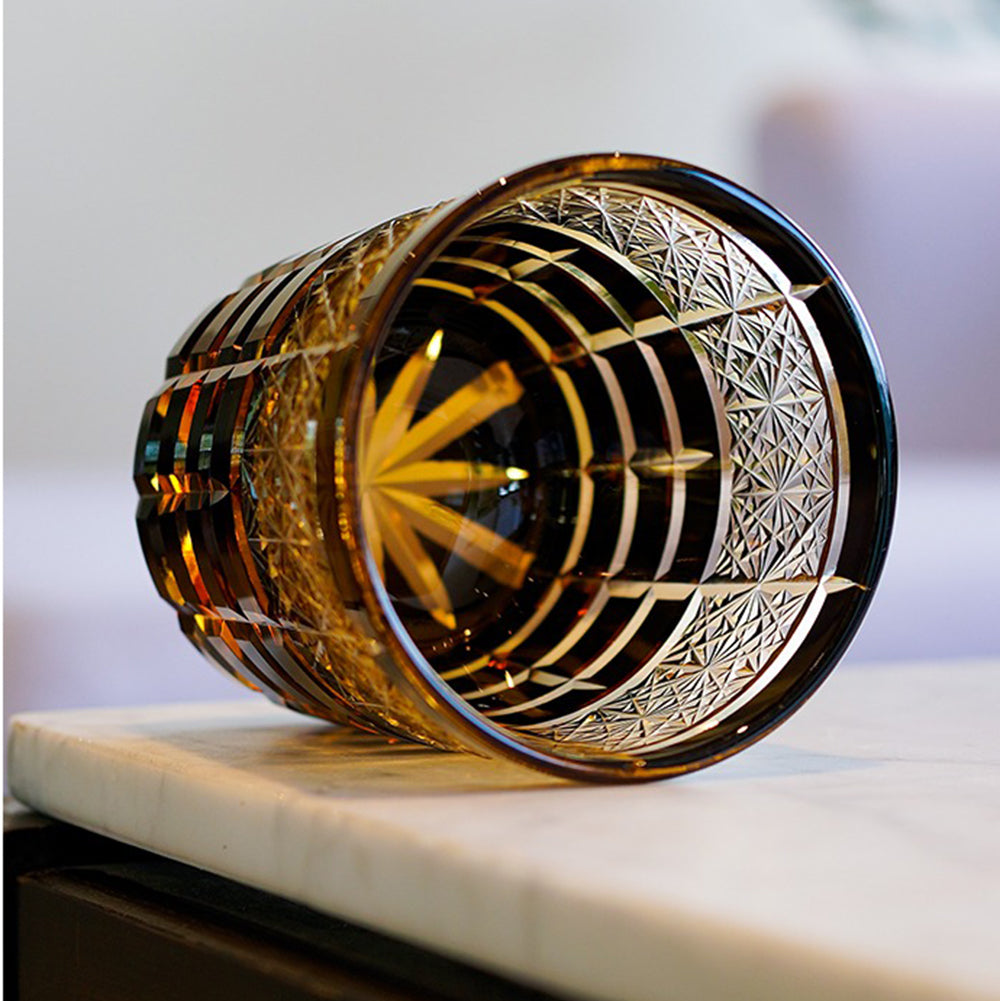 Edo Kiriko diamond whiskey glass with geometric patterns and colorful gradients.