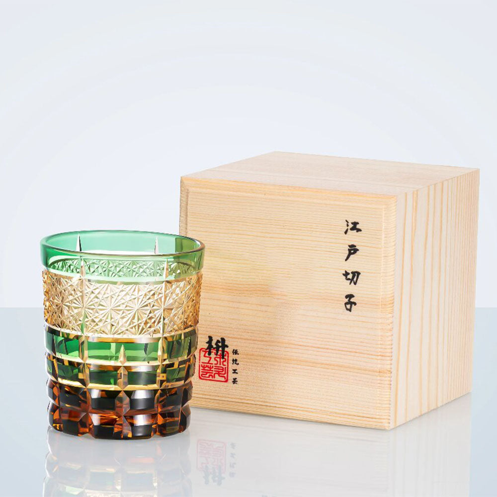 Elegant presentation of the Edo Kiriko glass in a stylish wooden box.