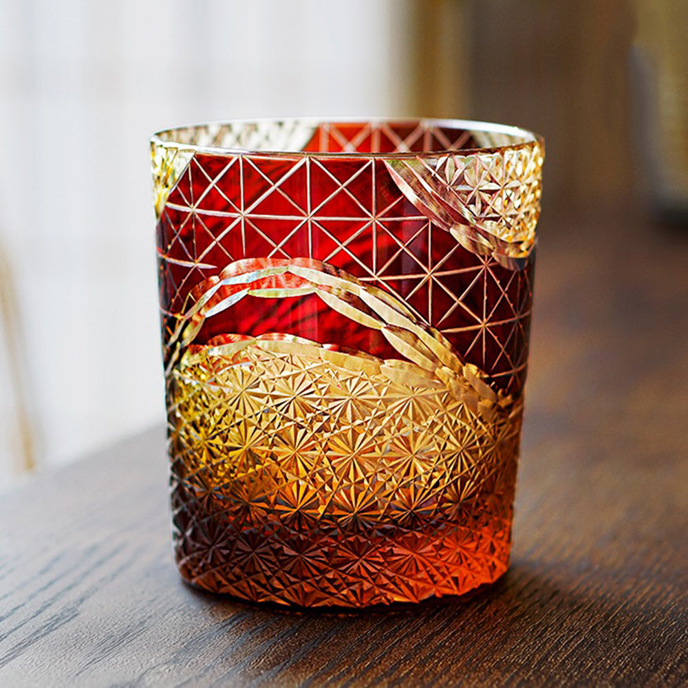 Close-up of the geometric patterns on the Edo Kiriko amber glass