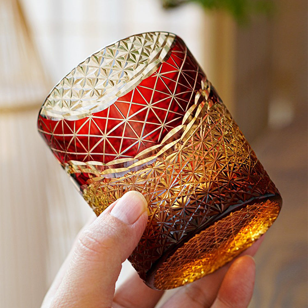 Close-up of the geometric patterns on the Edo Kiriko amber glass