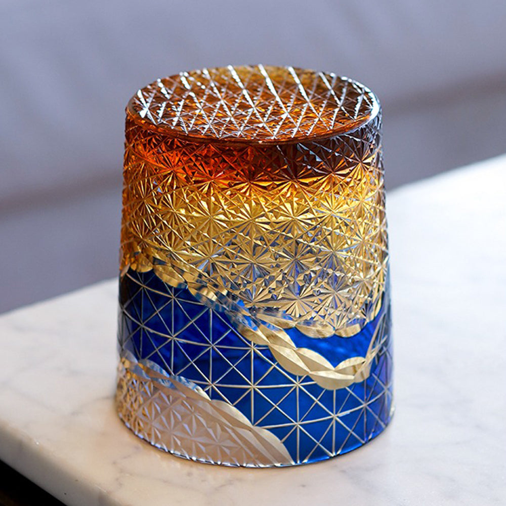 Close-up of the geometric patterns on the Edo Kiriko amber glass