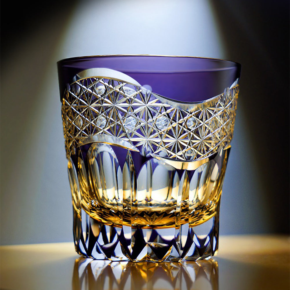 Edo Kiriko whiskey glass showcasing its colorful fluorite design from above.