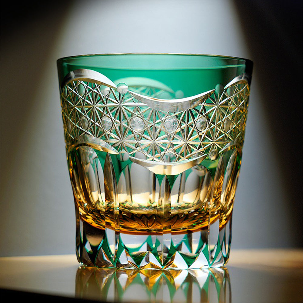 Close-up of handcrafted glass patterns on the Edo Kiriko whiskey cup.