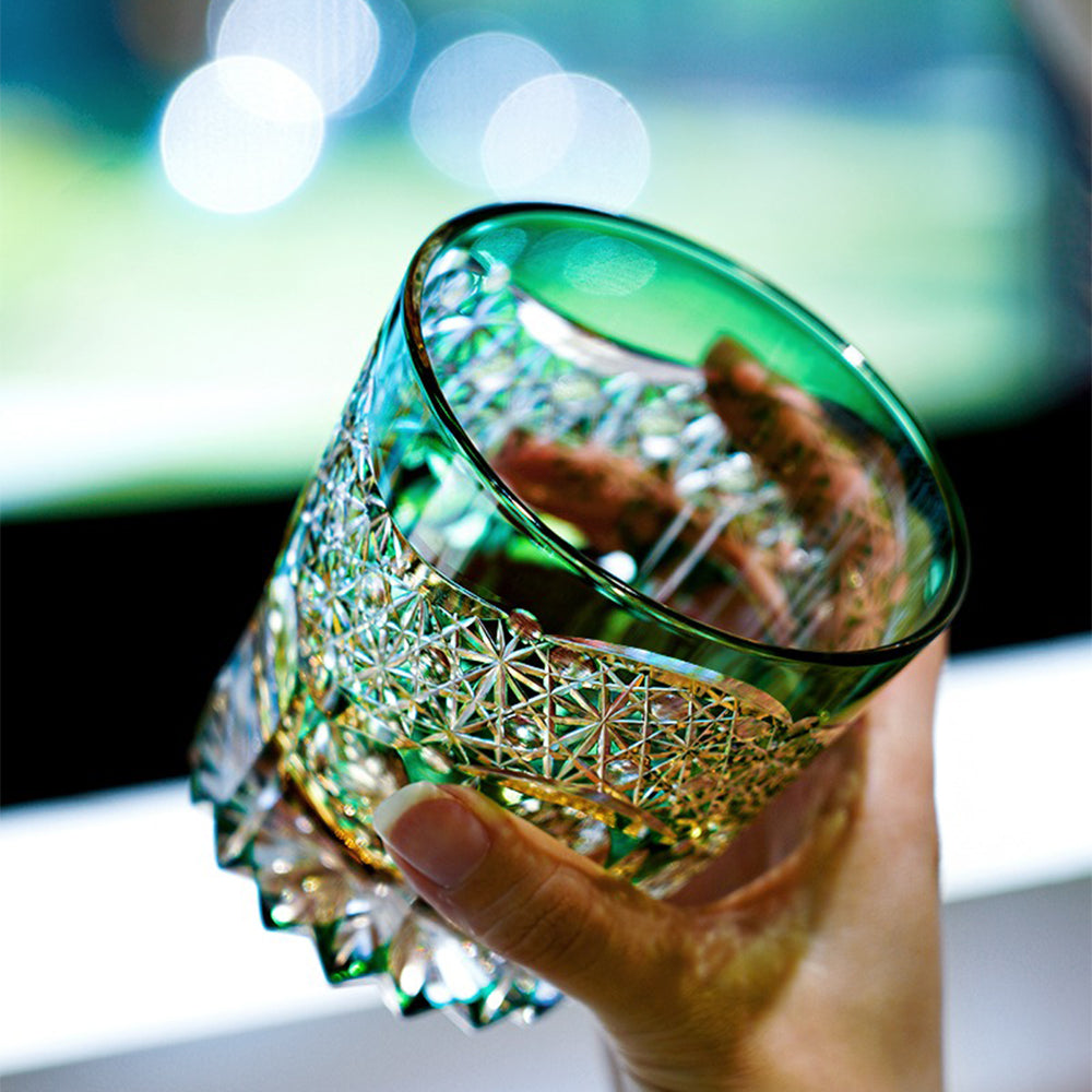 Edo Kiriko whiskey glass showcasing its colorful fluorite design from above.
