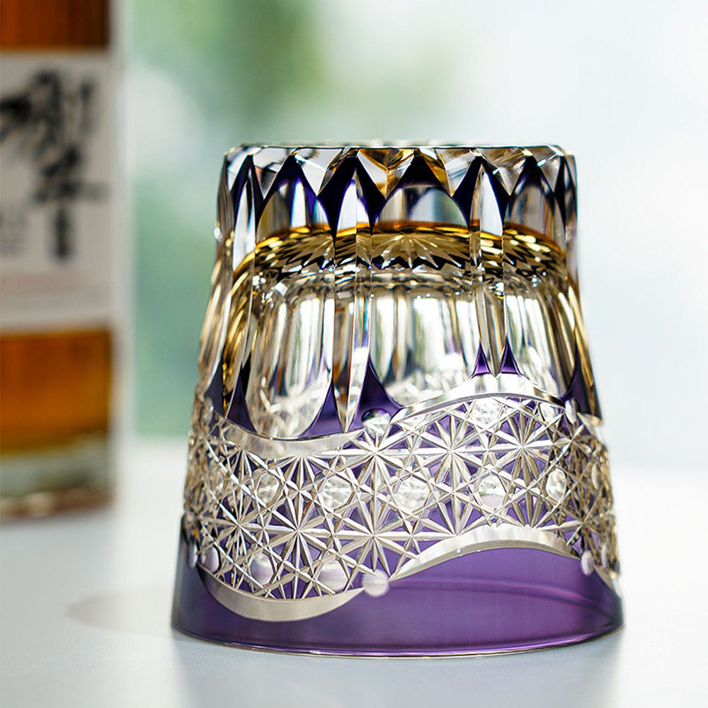 Close-up of handcrafted glass patterns on the Edo Kiriko whiskey cup.