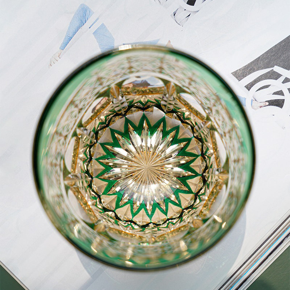Edo Kiriko whiskey glass showcasing its colorful fluorite design from above.