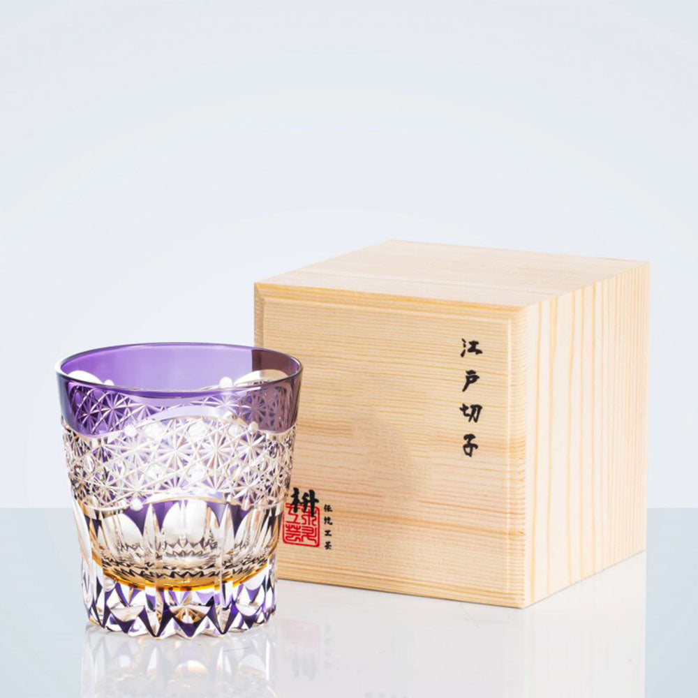 Close-up of handcrafted glass patterns on the Edo Kiriko whiskey cup.