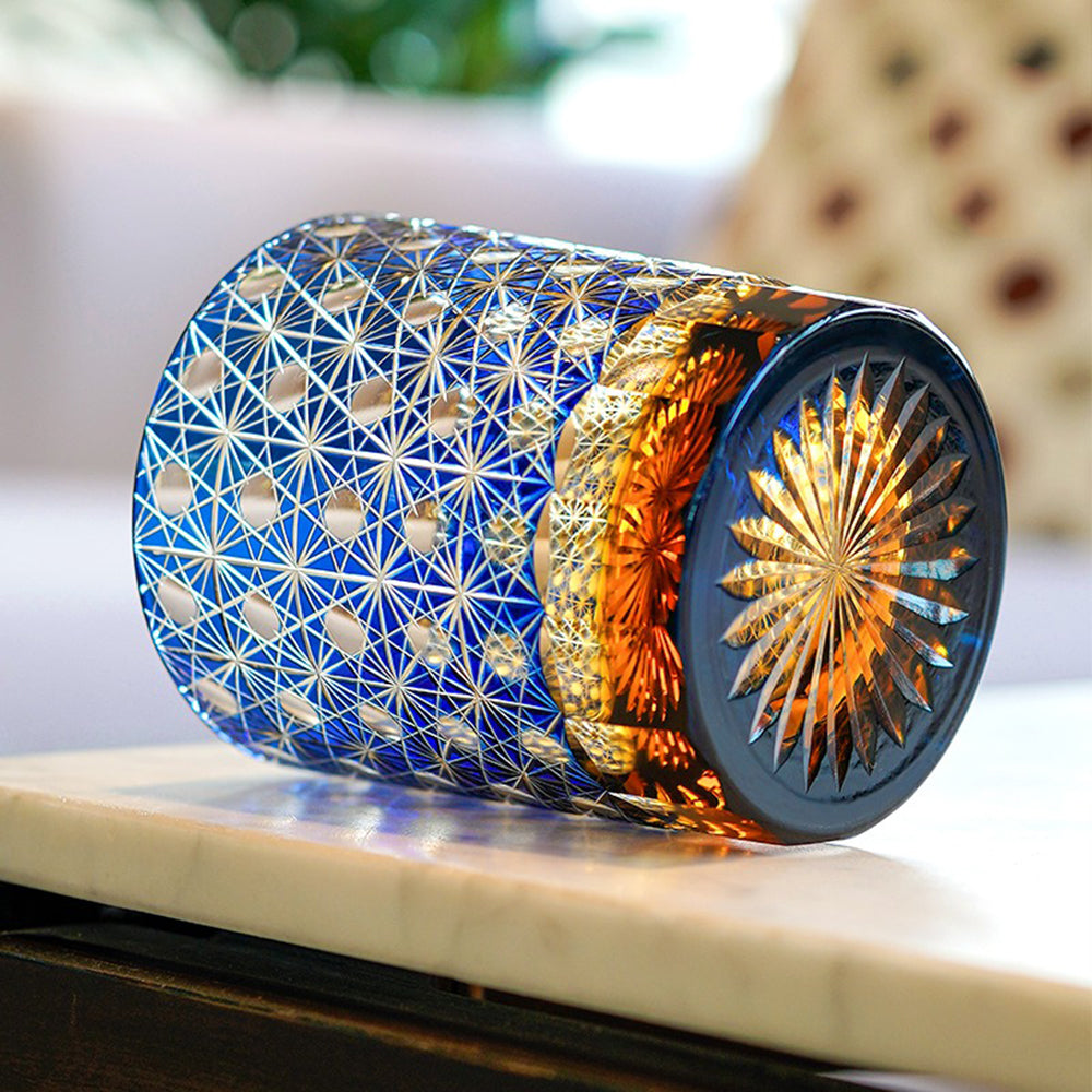 Handcrafted Japanese glass for whiskey lovers, featuring layered amber tones and detailed patterns.