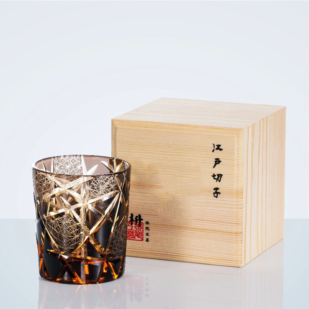 Handcrafted Edo Kiriko glass displayed in a wooden gift box, perfect for collectors