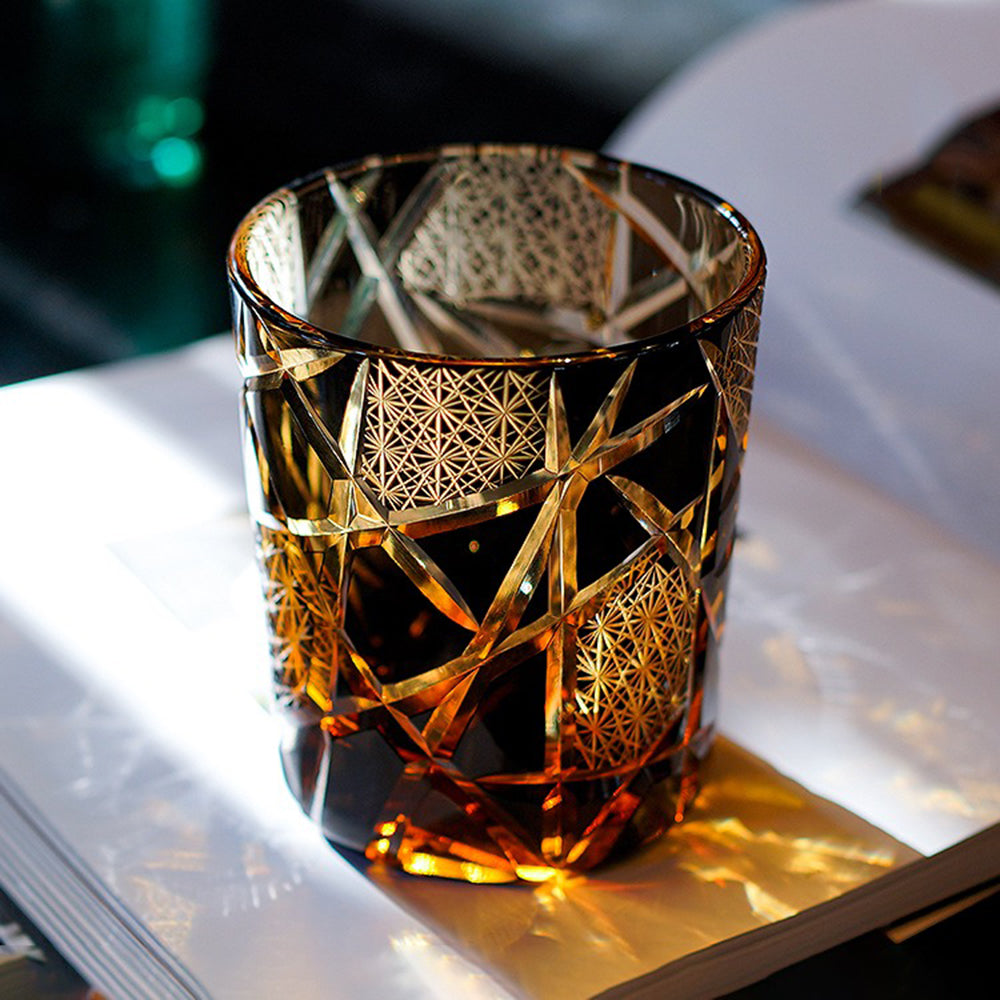 Close-up of lightning pattern on Edo Kiriko handcrafted whiskey glass showing intricate cut details