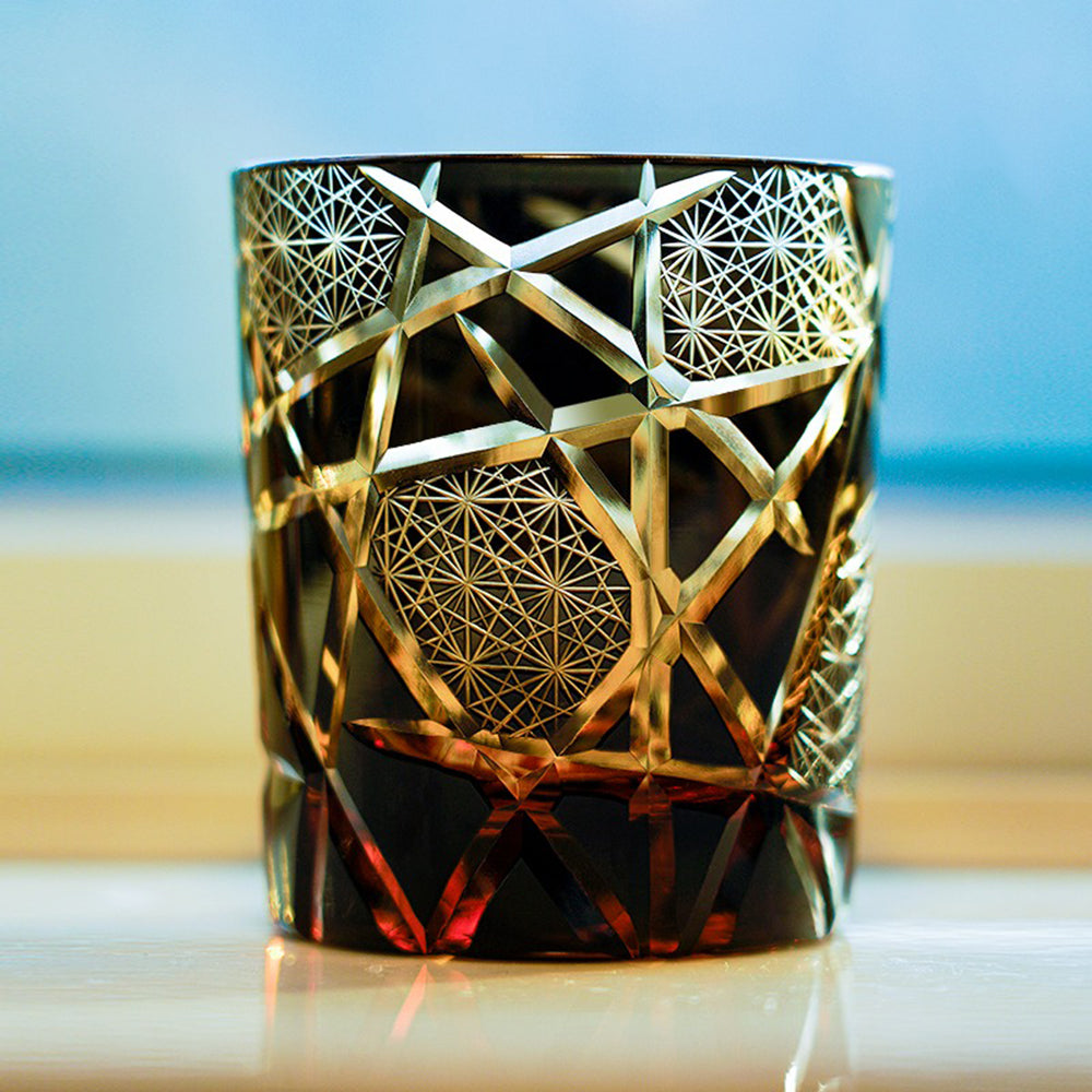 Close-up of lightning pattern on Edo Kiriko handcrafted whiskey glass showing intricate cut details