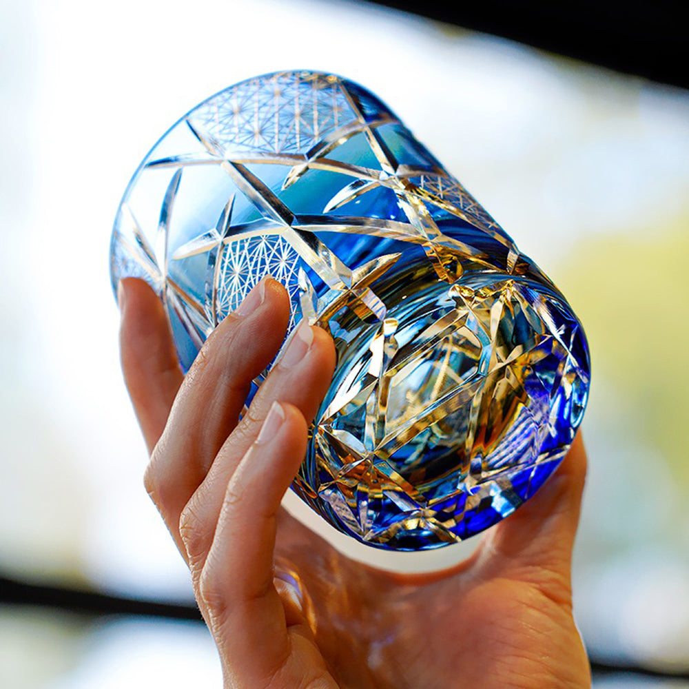 Handcrafted Edo Kiriko glass displayed in a wooden gift box, perfect for collectors
