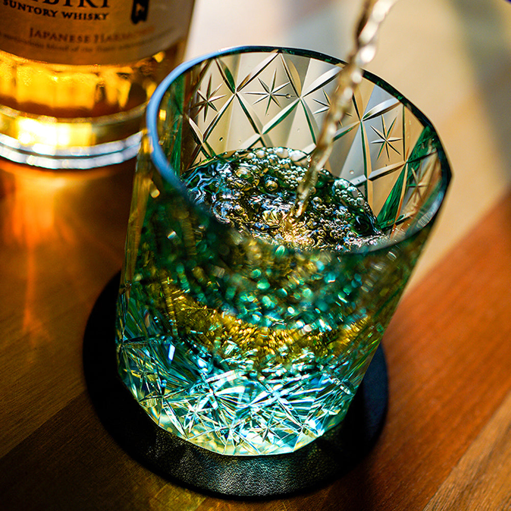 Close-up of the intricate star pattern on Edo Kiriko handcrafted glass