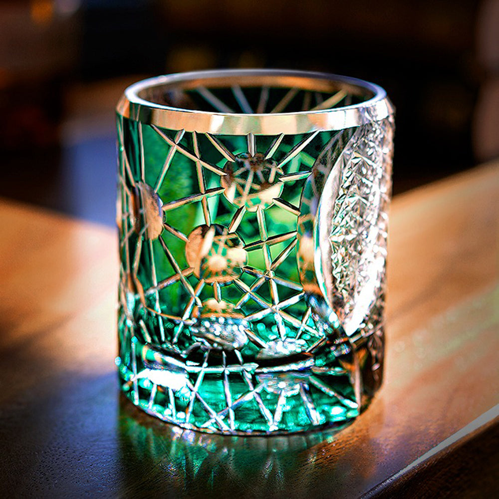 Elegant Edo Kiriko handcrafted starry sky whiskey glass with intricate cut patterns, perfect for gift giving