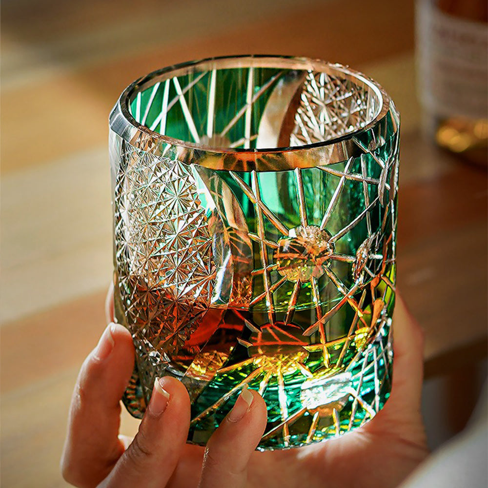 Close-up of the textured, handcrafted crystal whiskey glass highlighting the star-inspired pattern and clarity