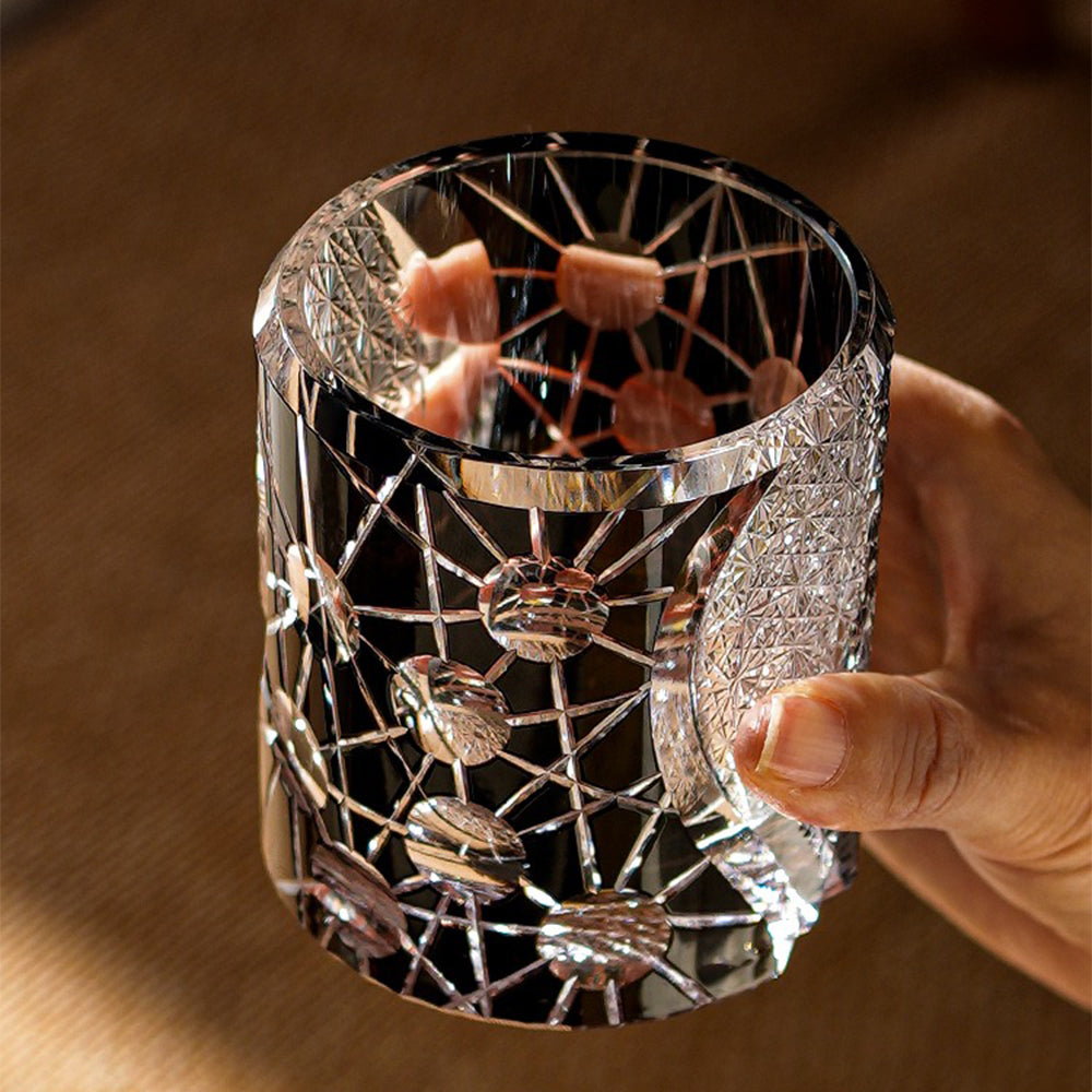 Elegant Edo Kiriko handcrafted starry sky whiskey glass with intricate cut patterns, perfect for gift giving