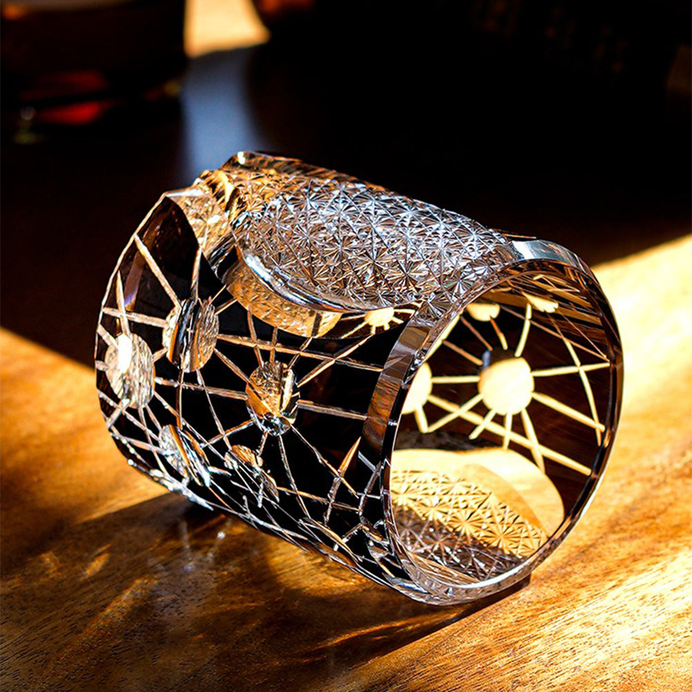 Elegant Edo Kiriko handcrafted starry sky whiskey glass with intricate cut patterns, perfect for gift giving