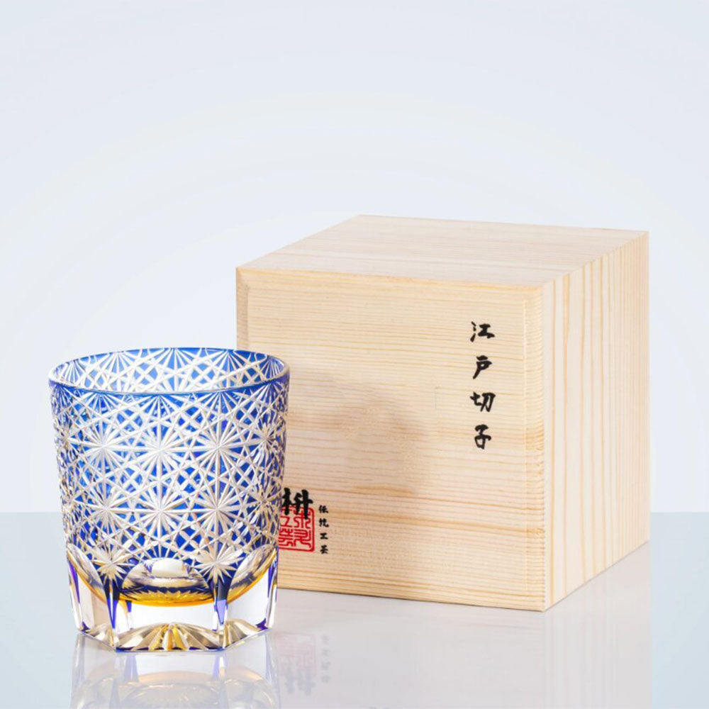 Close-up of Edo Kiriko crystal whiskey glass with star chrysanthemum pattern