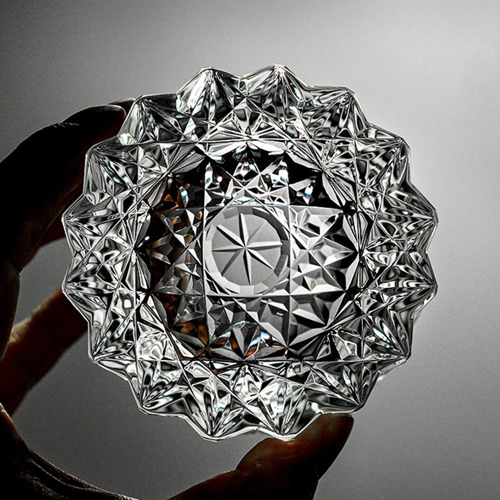 Front view of Edo Kiriko star whisky glass highlighting the intricate pattern