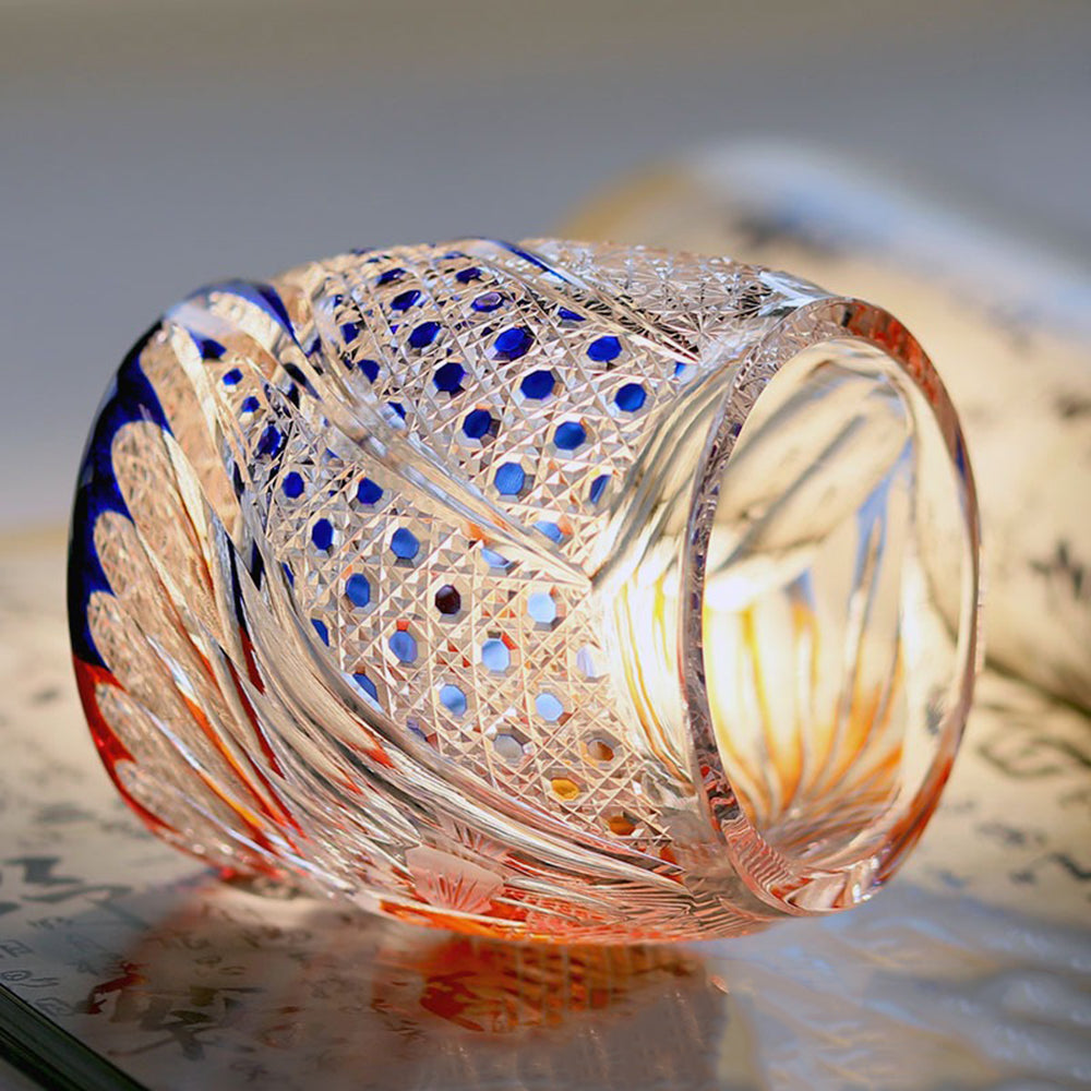 Amber and blue accented handcrafted glass demonstrating exceptional craftsmanship.