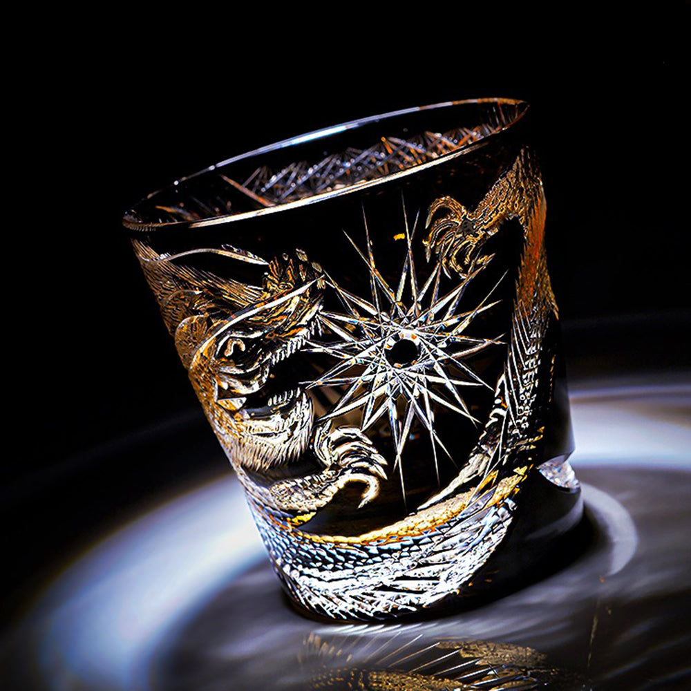 Edo Kiriko dragon whiskey glass with intricate carvings and light reflections, ideal for whiskey tasting.