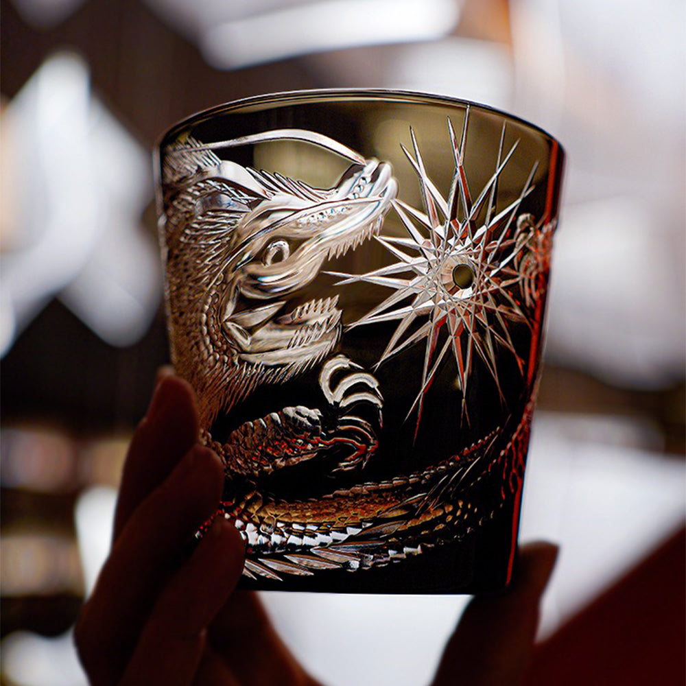 Edo Kiriko glass displayed in a wooden box, showcasing its luxurious packaging for collectors.