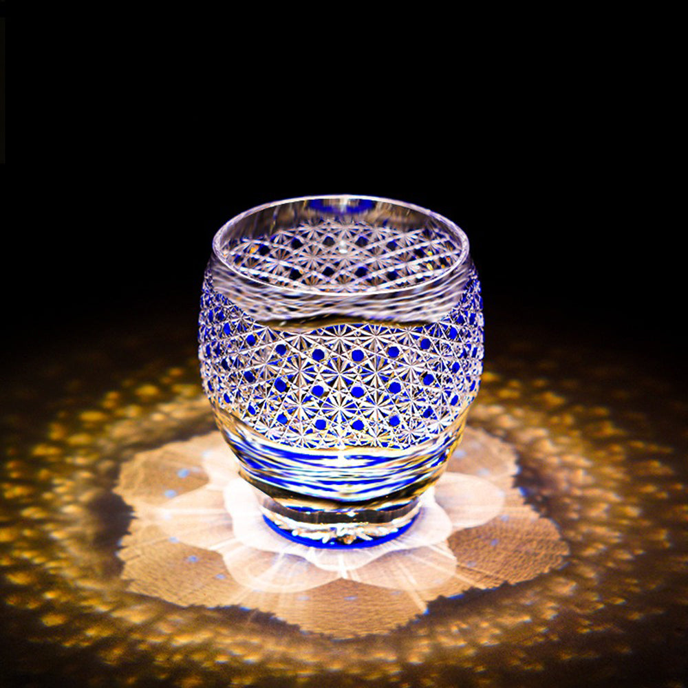 Close-up of Edo Kiriko starry sky whiskey glass showing chrysanthemum and star patterns