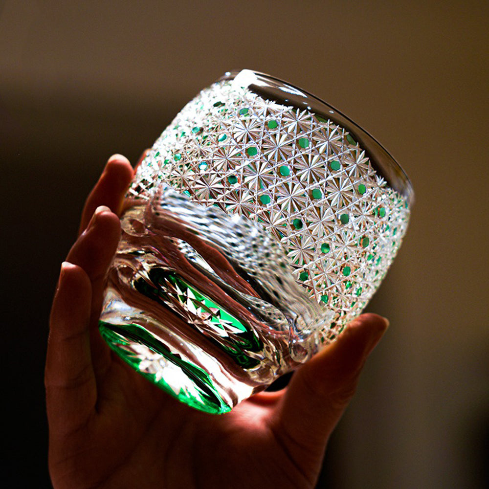 Handcrafted Japanese crystal whiskey tumbler in wooden gift box
