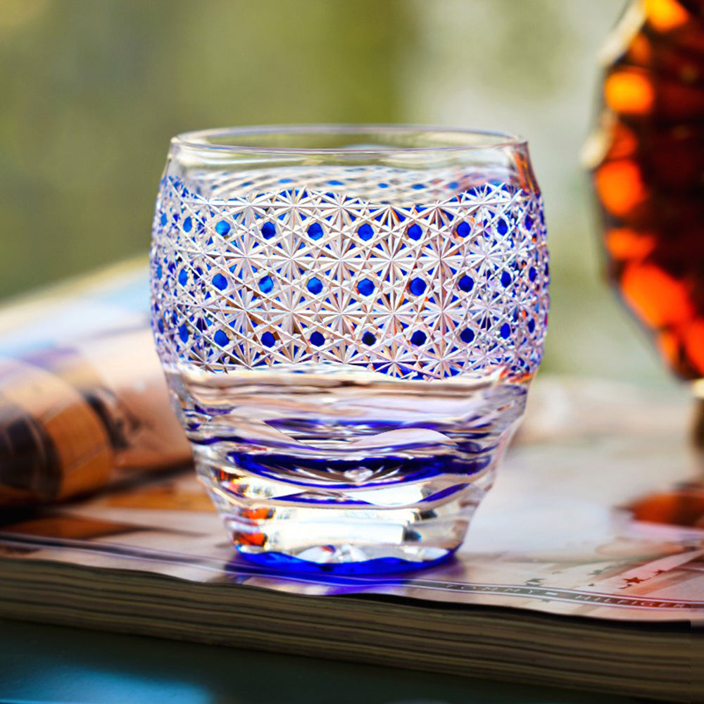Close-up of Edo Kiriko starry sky whiskey glass showing chrysanthemum and star patterns