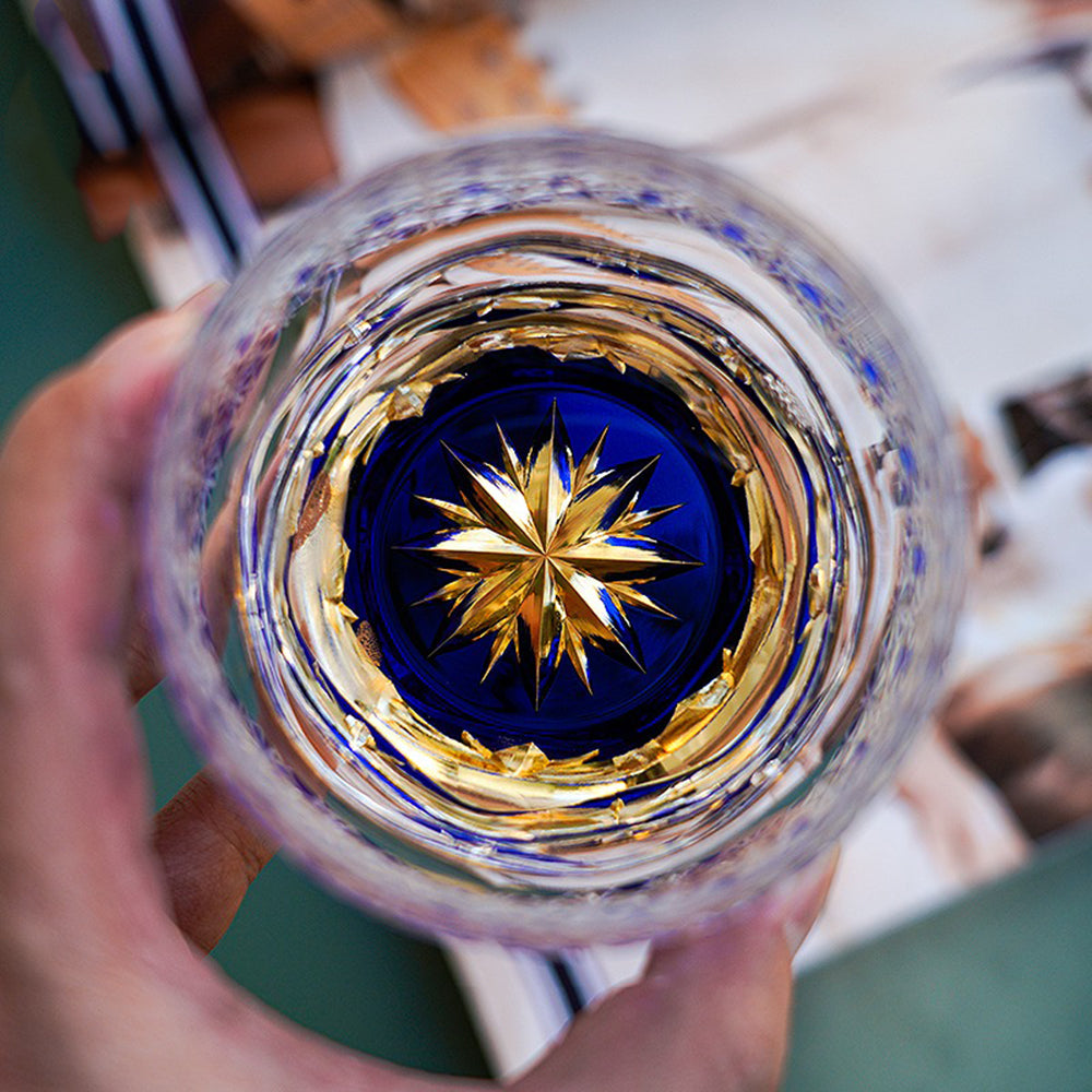 Elegant blue Edo Kiriko glass with shimmering star and chrysanthemum design