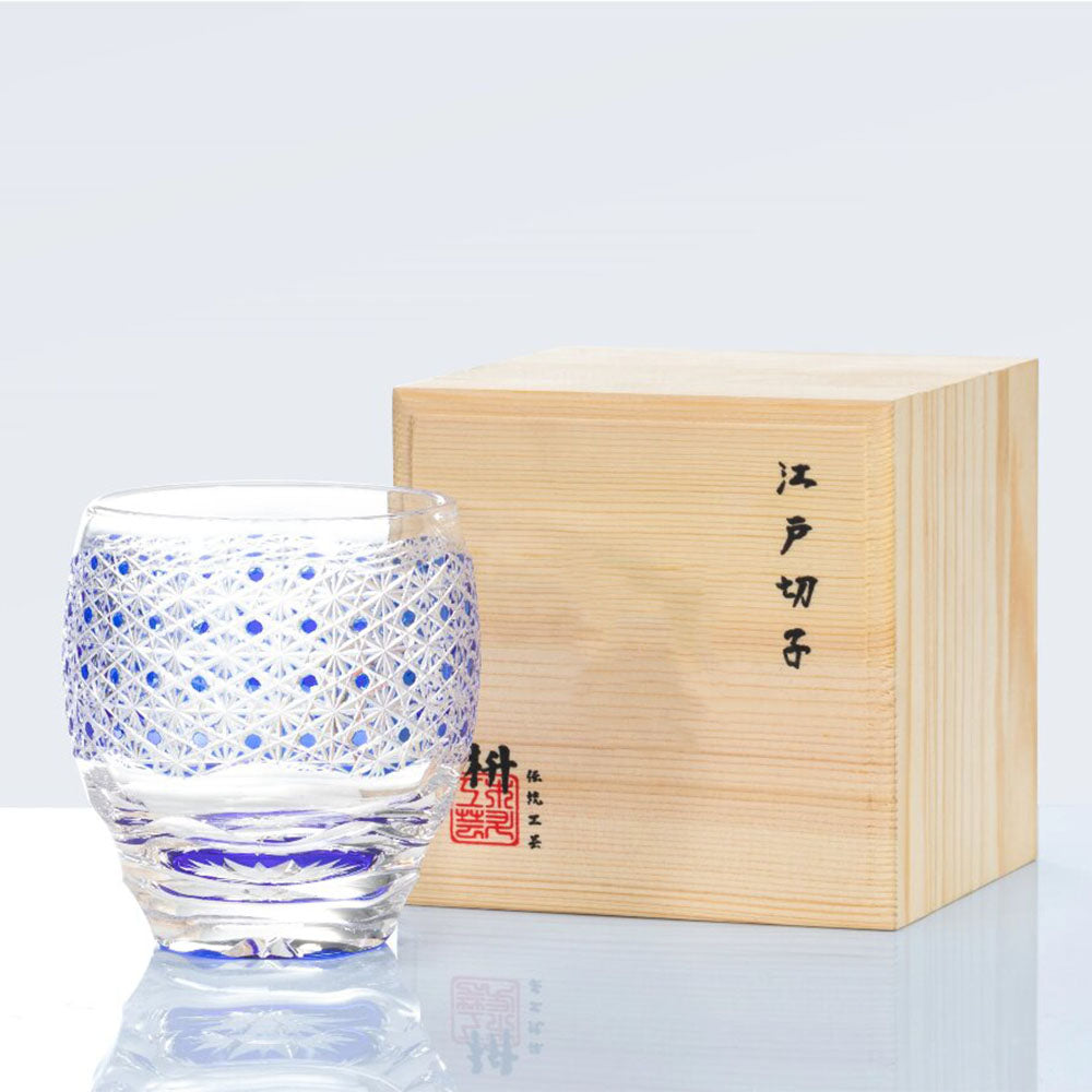 Close-up of Edo Kiriko starry sky whiskey glass showing chrysanthemum and star patterns