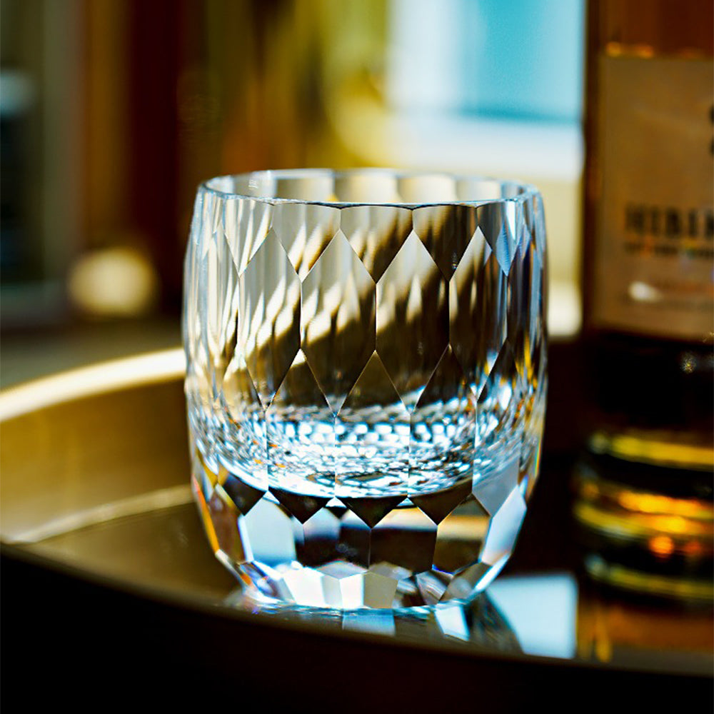 Close-up of hand-cut facets on a traditional Edo Kiriko glass