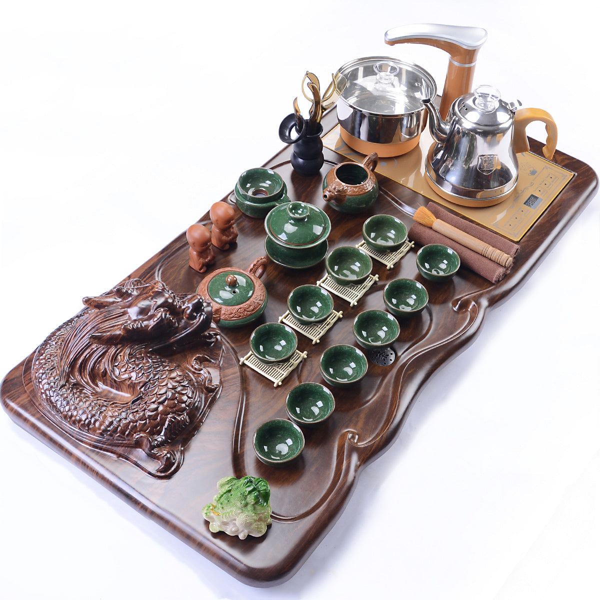 Elegant Green Ice Crack Kung Fu Tea Set with Dragon Tray from a side angle, showcasing intricate details and craftsmanship.